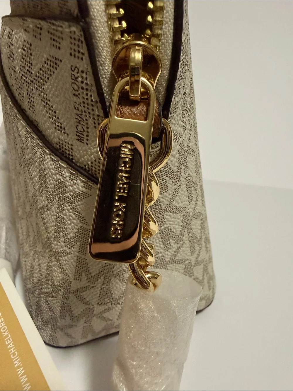 Michael Kors Beige Signature Dome Crossbody with Gold Hardware